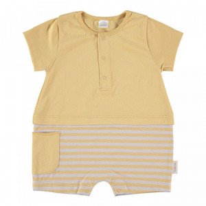 Short Sleeved Romper in yellow & Beige, 9-12 Months, 100% Cotton