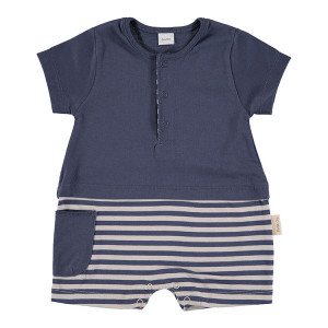 Short Sleeved Romper in Blue & Beige, 9-12 Months, 100% Cotton